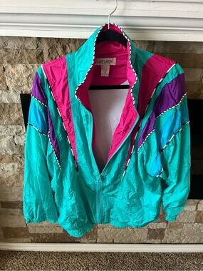 80s Teal Colorblock Bomber Jacket with Pink & Purple Accents Windbreaker